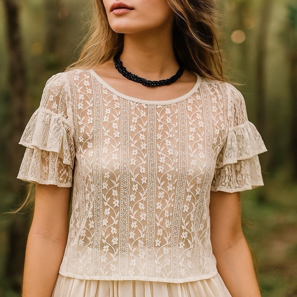 BCBG Sheer Fairy Lace Shirt Blouse‎ Ivory Feminine Angelic Y2K Baby Doll Sz XS